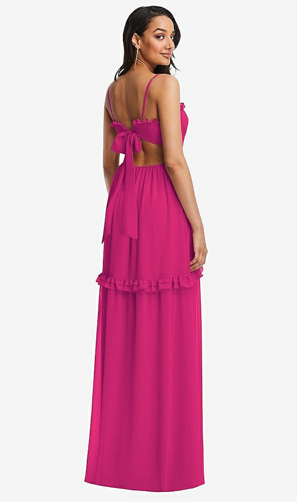 Back View - Think Pink Ruffle-Trimmed Cutout Tie-Back Maxi Dress with Tiered Skirt