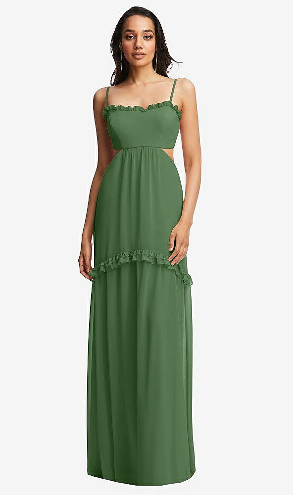Front View - Vineyard Green Ruffle-Trimmed Cutout Tie-Back Maxi Dress with Tiered Skirt
