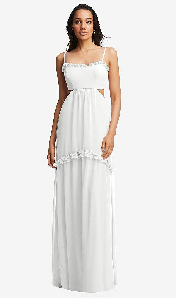 Front View - White Ruffle-Trimmed Cutout Tie-Back Maxi Dress with Tiered Skirt