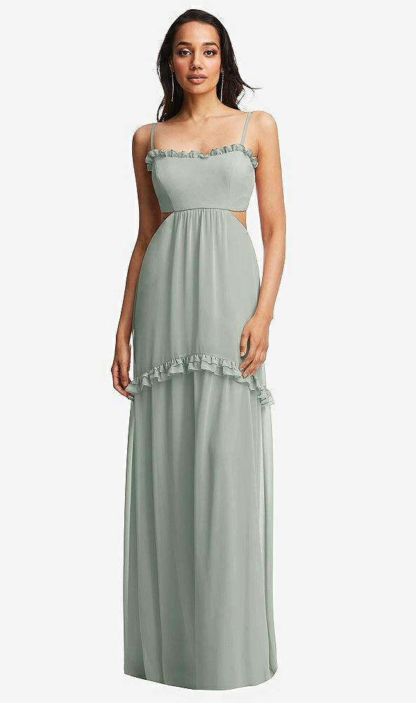 Front View - Willow Green Ruffle-Trimmed Cutout Tie-Back Maxi Dress with Tiered Skirt
