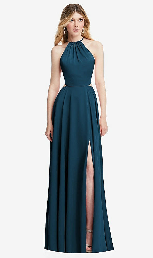 Front View - Atlantic Blue Halter Cross-Strap Gathered Tie-Back Cutout Maxi Dress