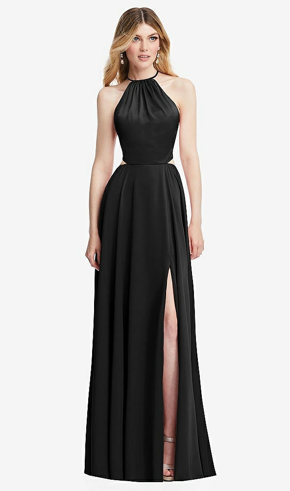 Front View - Black Halter Cross-Strap Gathered Tie-Back Cutout Maxi Dress