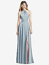 Front View Thumbnail - Mist Halter Cross-Strap Gathered Tie-Back Cutout Maxi Dress