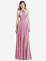 Front View Thumbnail - Powder Pink Halter Cross-Strap Gathered Tie-Back Cutout Maxi Dress