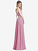 Side View Thumbnail - Powder Pink Halter Cross-Strap Gathered Tie-Back Cutout Maxi Dress
