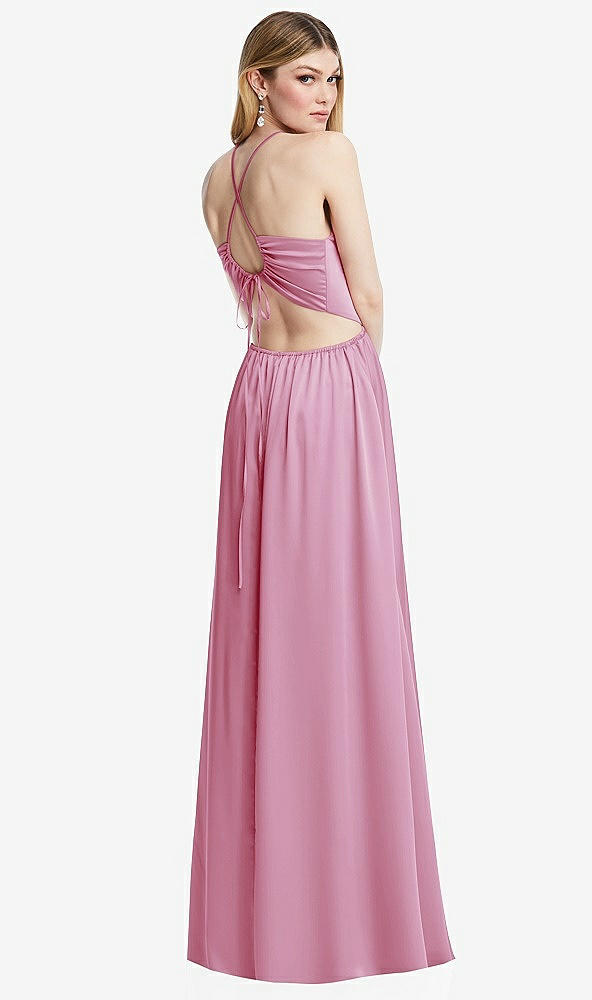 Back View - Powder Pink Halter Cross-Strap Gathered Tie-Back Cutout Maxi Dress
