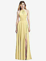 Front View Thumbnail - Pale Yellow Halter Cross-Strap Gathered Tie-Back Cutout Maxi Dress