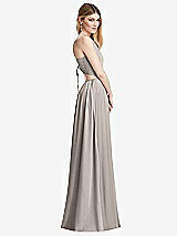 Side View Thumbnail - Taupe Halter Cross-Strap Gathered Tie-Back Cutout Maxi Dress