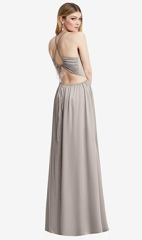 Back View - Taupe Halter Cross-Strap Gathered Tie-Back Cutout Maxi Dress