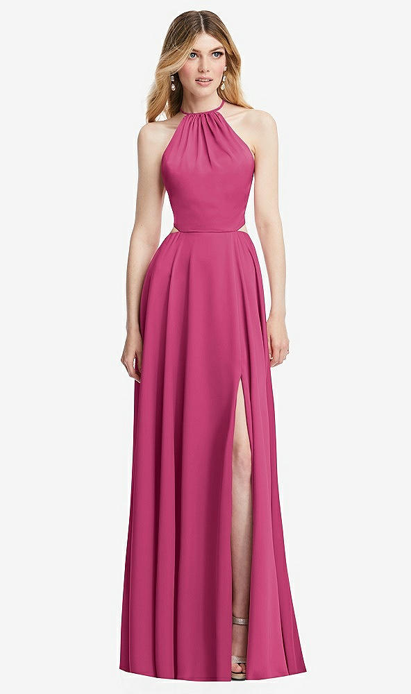 Front View - Tea Rose Halter Cross-Strap Gathered Tie-Back Cutout Maxi Dress