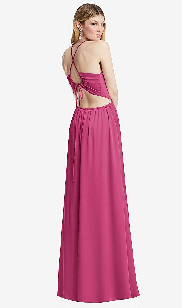 Back View - Tea Rose Halter Cross-Strap Gathered Tie-Back Cutout Maxi Dress
