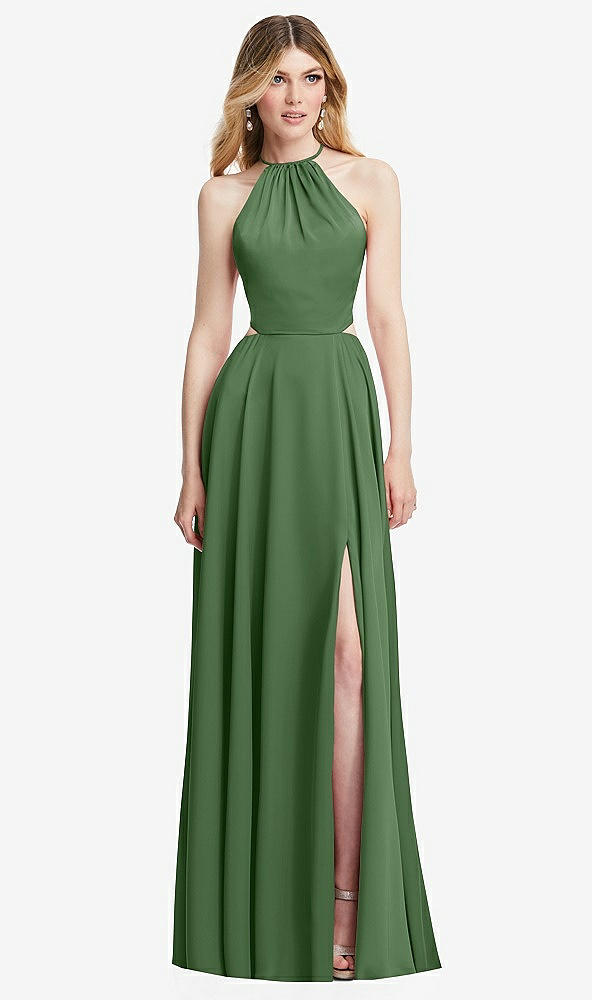 Front View - Vineyard Green Halter Cross-Strap Gathered Tie-Back Cutout Maxi Dress