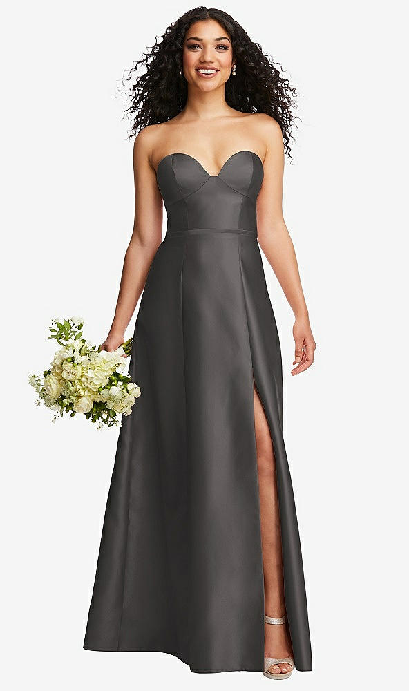 Front View - Caviar Gray Strapless Bustier A-Line Satin Gown with Front Slit