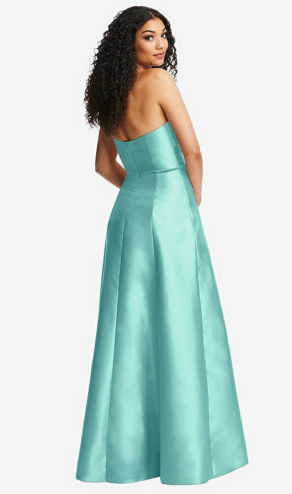 Back View - Coastal Strapless Bustier A-Line Satin Gown with Front Slit