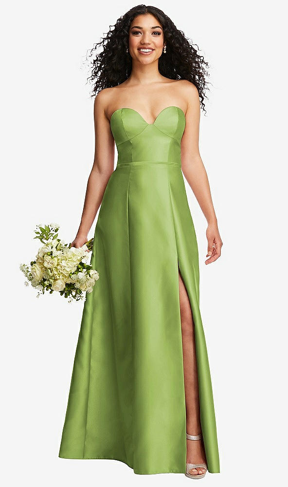 Front View - Mojito Strapless Bustier A-Line Satin Gown with Front Slit