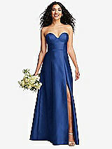 Front View Thumbnail - Classic Blue Strapless Bustier A-Line Satin Gown with Front Slit