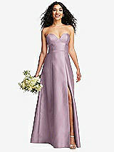 Front View Thumbnail - Suede Rose Strapless Bustier A-Line Satin Gown with Front Slit