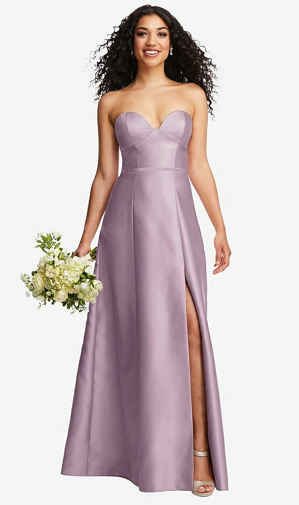 Front View - Suede Rose Strapless Bustier A-Line Satin Gown with Front Slit