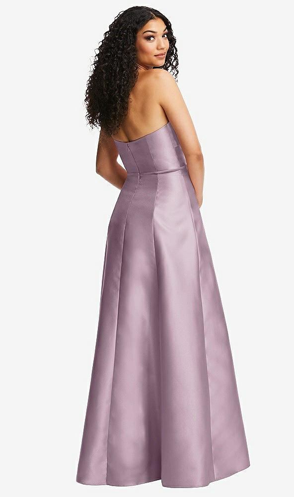 Back View - Suede Rose Strapless Bustier A-Line Satin Gown with Front Slit