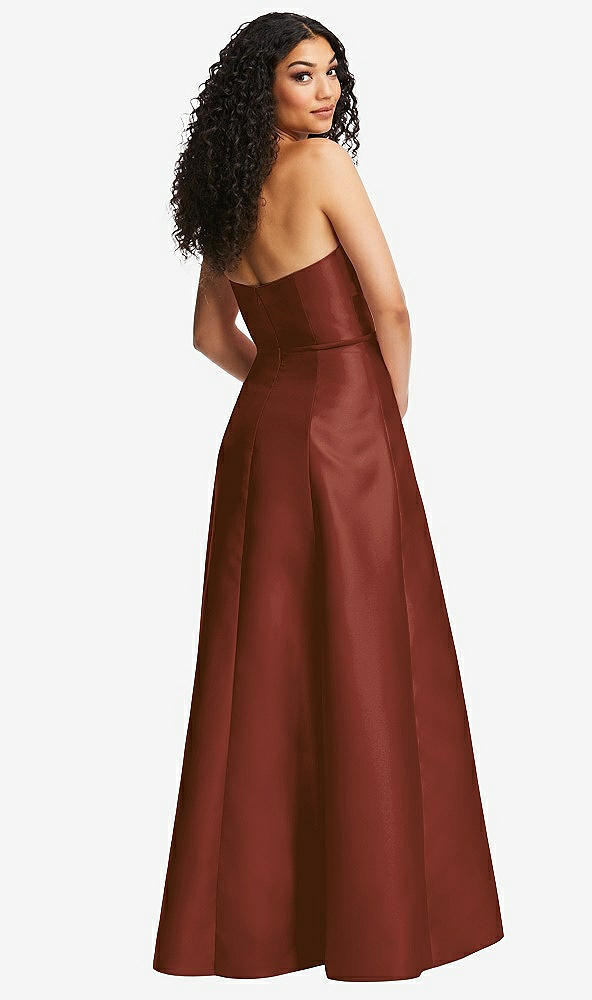 Back View - Auburn Moon Strapless Bustier A-Line Satin Gown with Front Slit