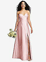 Front View Thumbnail - Ballet Pink Strapless Bustier A-Line Satin Gown with Front Slit