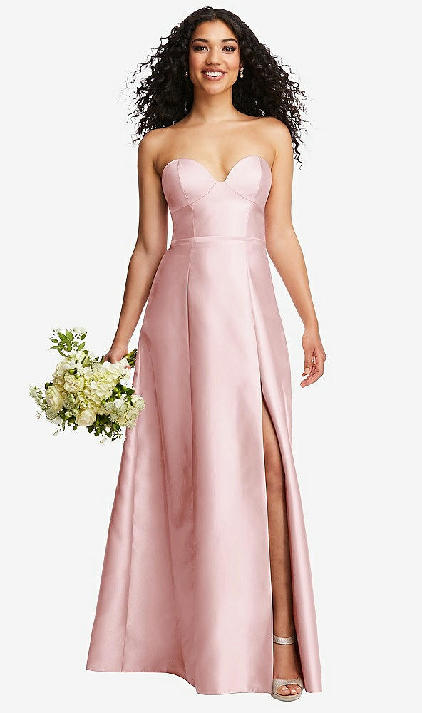 Front View - Ballet Pink Strapless Bustier A-Line Satin Gown with Front Slit