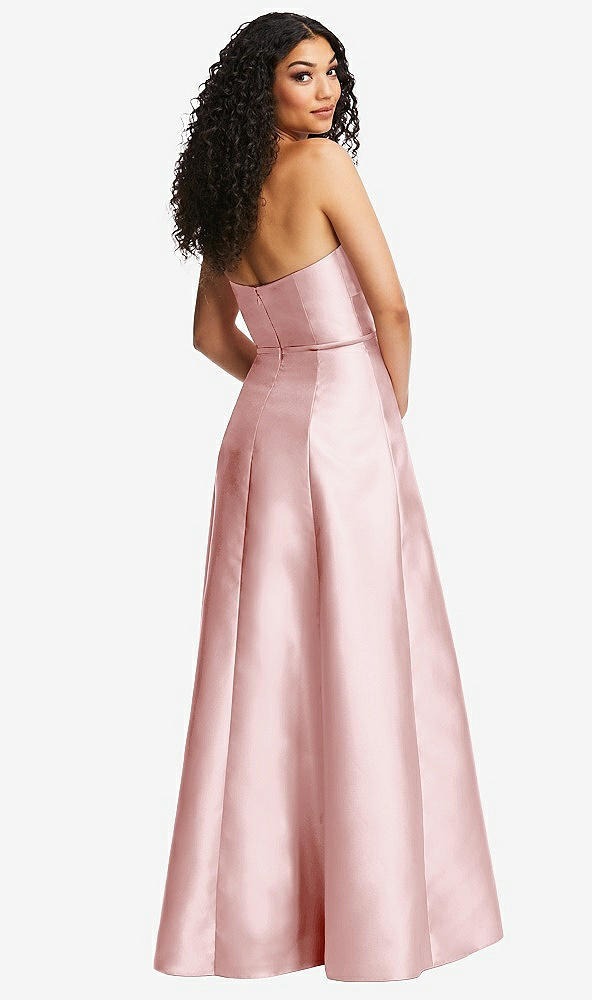 Back View - Ballet Pink Strapless Bustier A-Line Satin Gown with Front Slit