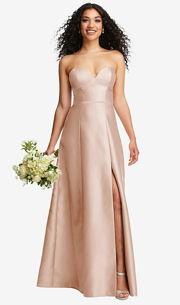 Front View - Cameo Strapless Bustier A-Line Satin Gown with Front Slit