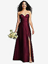 Front View Thumbnail - Cabernet Strapless Bustier A-Line Satin Gown with Front Slit