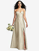 Front View Thumbnail - Champagne Strapless Bustier A-Line Satin Gown with Front Slit