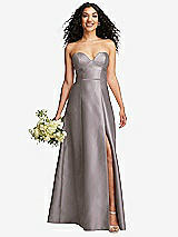 Front View Thumbnail - Cashmere Gray Strapless Bustier A-Line Satin Gown with Front Slit