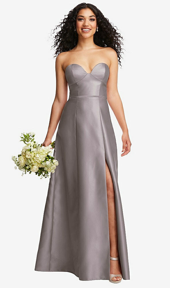 Front View - Cashmere Gray Strapless Bustier A-Line Satin Gown with Front Slit