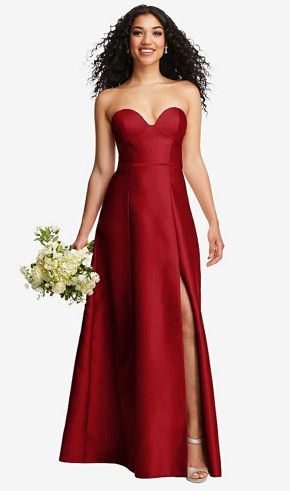 Front View - Garnet Strapless Bustier A-Line Satin Gown with Front Slit