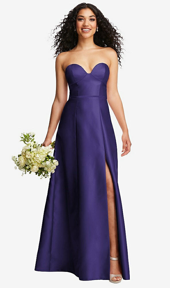 Front View - Grape Strapless Bustier A-Line Satin Gown with Front Slit