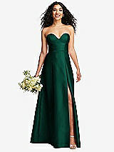Front View Thumbnail - Hunter Green Strapless Bustier A-Line Satin Gown with Front Slit