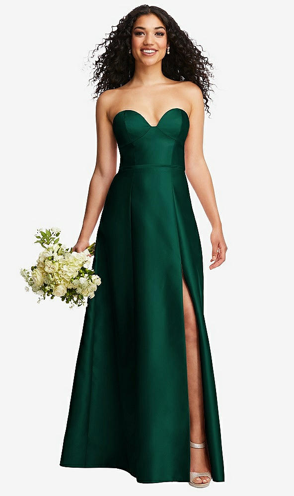 Front View - Hunter Green Strapless Bustier A-Line Satin Gown with Front Slit