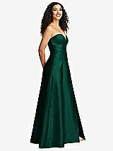 Side View Thumbnail - Hunter Green Strapless Bustier A-Line Satin Gown with Front Slit