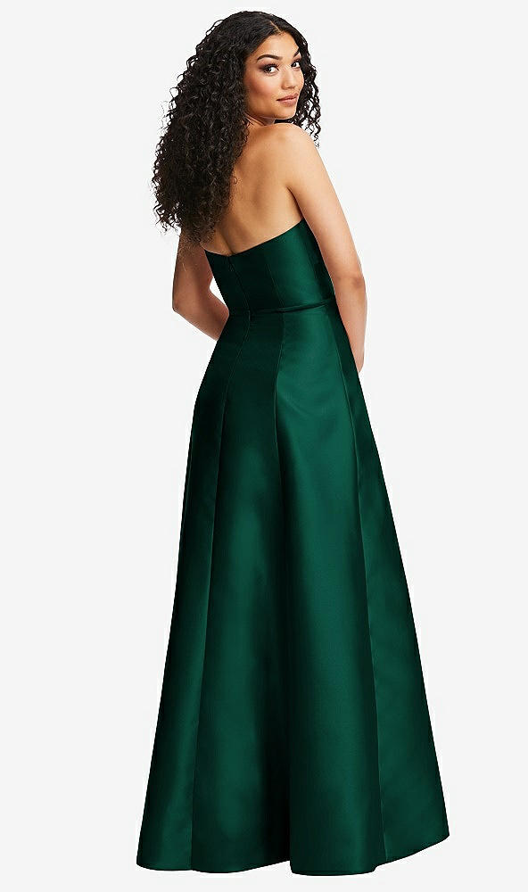Back View - Hunter Green Strapless Bustier A-Line Satin Gown with Front Slit