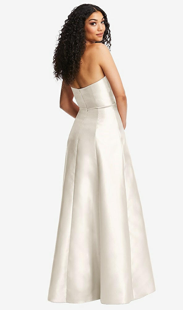 Back View - Ivory Strapless Bustier A-Line Satin Gown with Front Slit