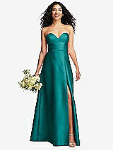 Front View Thumbnail - Jade Strapless Bustier A-Line Satin Gown with Front Slit