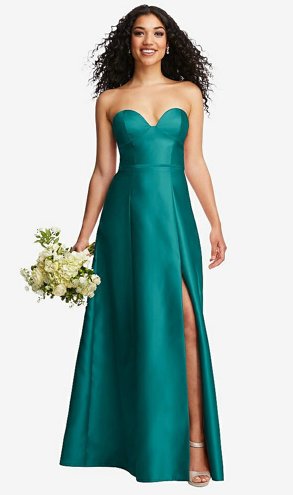 Front View - Jade Strapless Bustier A-Line Satin Gown with Front Slit