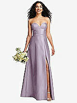 Front View Thumbnail - Lilac Haze Strapless Bustier A-Line Satin Gown with Front Slit
