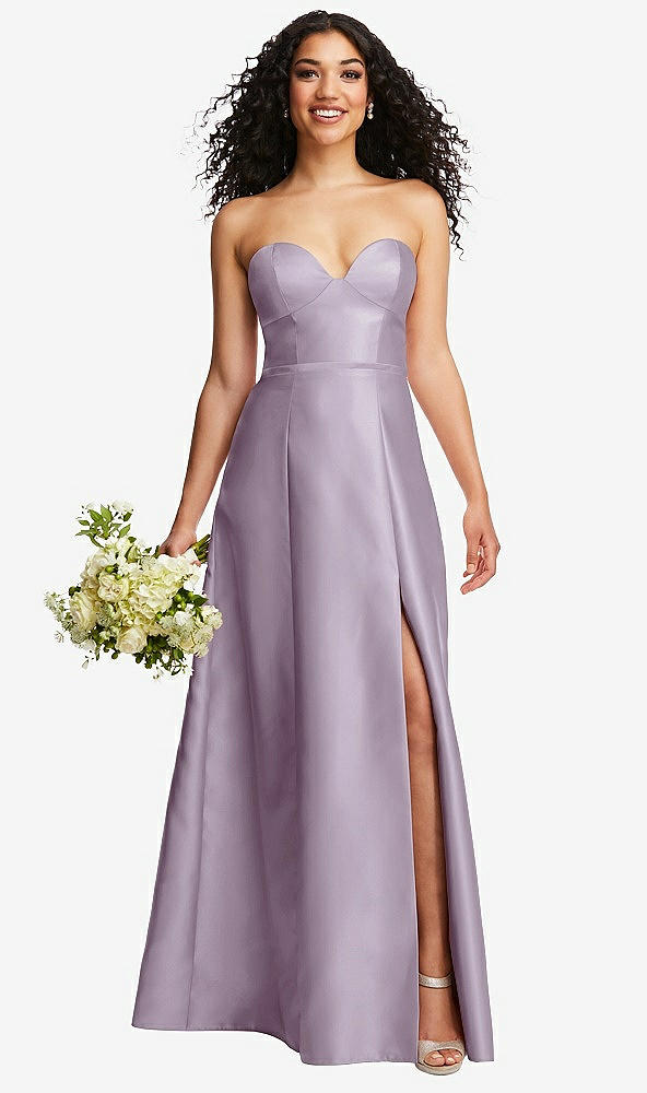 Front View - Lilac Haze Strapless Bustier A-Line Satin Gown with Front Slit