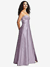 Side View Thumbnail - Lilac Haze Strapless Bustier A-Line Satin Gown with Front Slit