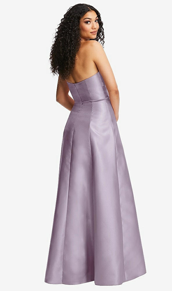 Back View - Lilac Haze Strapless Bustier A-Line Satin Gown with Front Slit