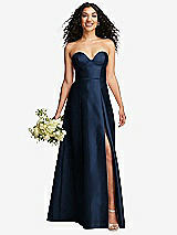 Front View Thumbnail - Midnight Navy Strapless Bustier A-Line Satin Gown with Front Slit
