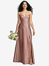 Front View Thumbnail - Neu Nude Strapless Bustier A-Line Satin Gown with Front Slit