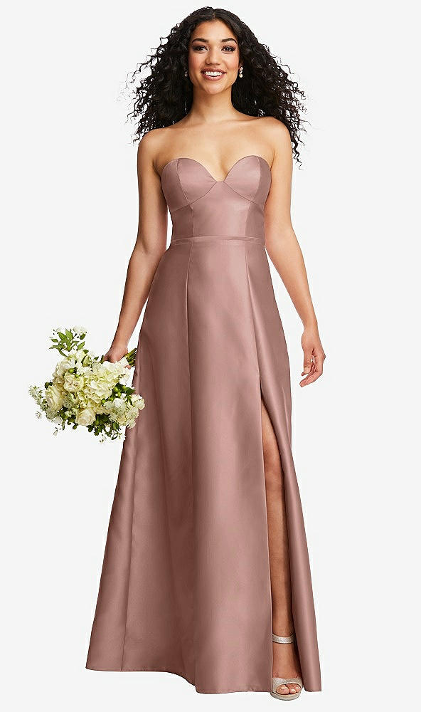 Front View - Neu Nude Strapless Bustier A-Line Satin Gown with Front Slit