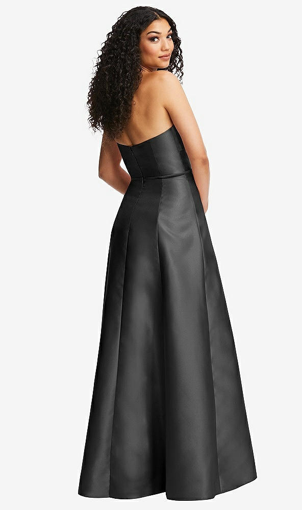 Back View - Pewter Strapless Bustier A-Line Satin Gown with Front Slit