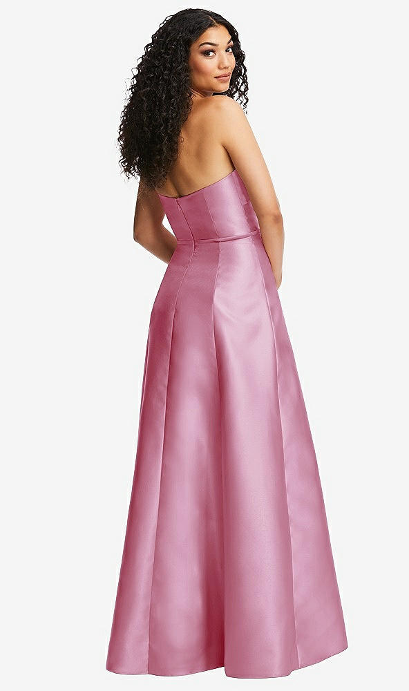 Back View - Powder Pink Strapless Bustier A-Line Satin Gown with Front Slit